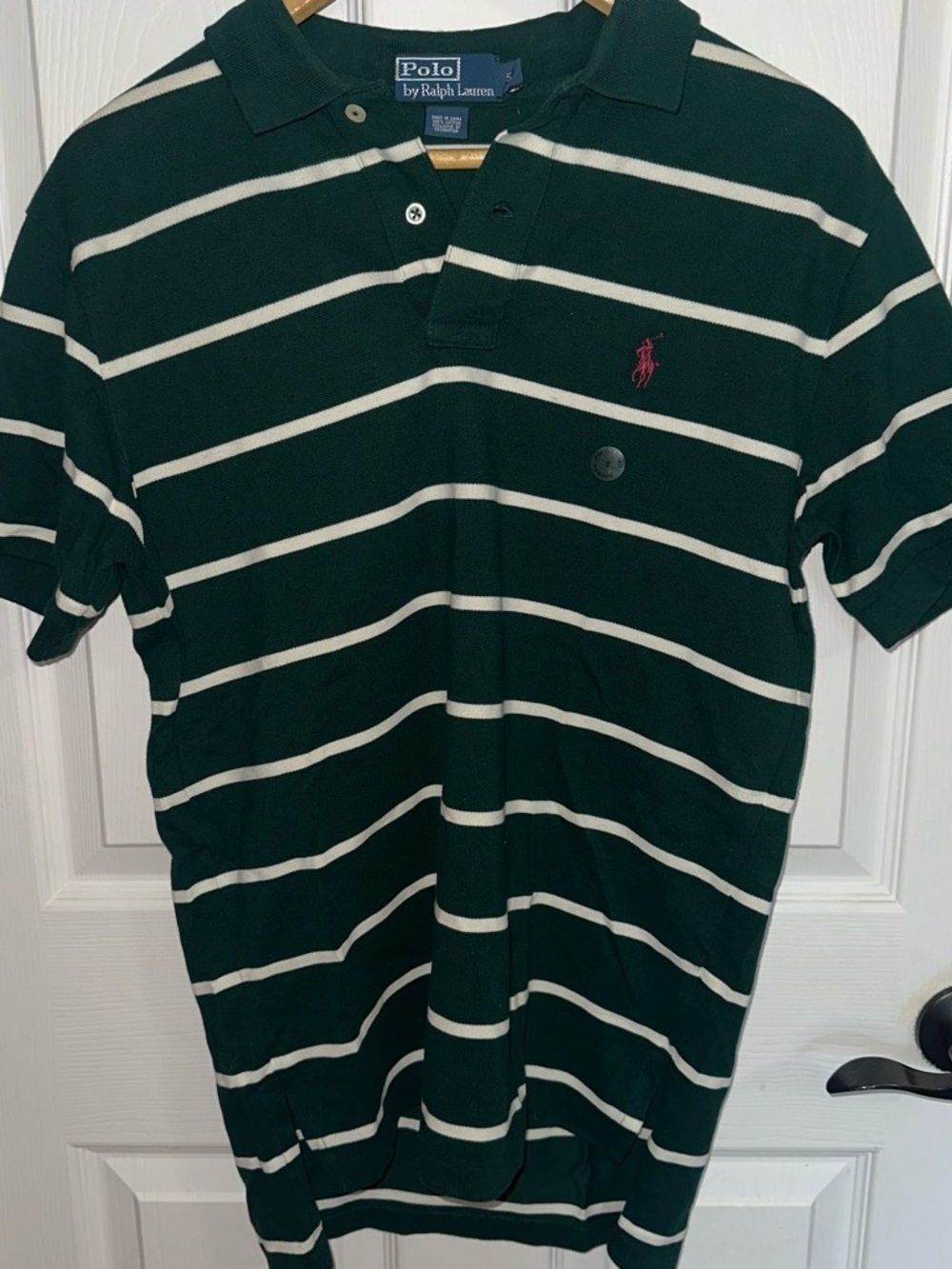 Ralph Lauren Dark Green & White Striped Polo with Pink Pony